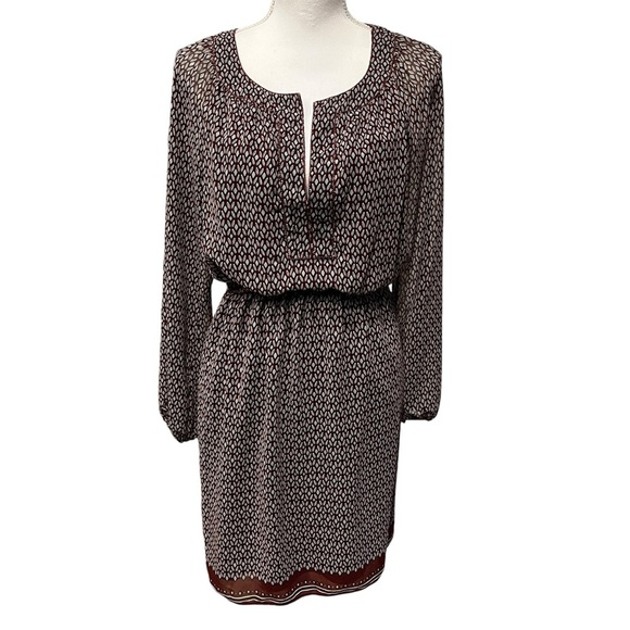 Max Studio Geometric Print Long Sleeve Chiffon Dress Burgundy & Gray Size Medium - Picture 1 of 14